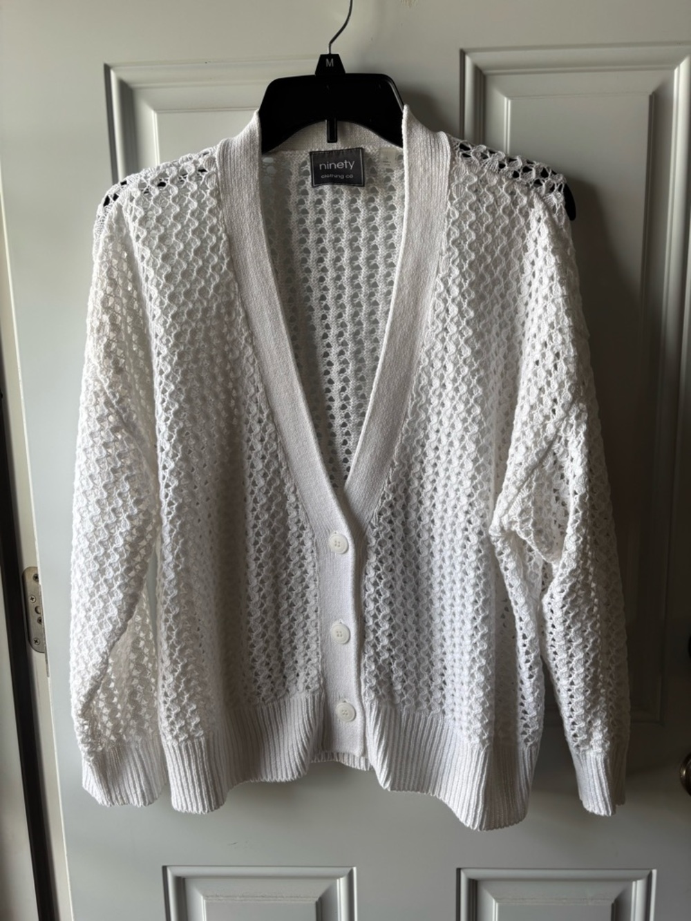 Ninety White Open-Knit Button Cardigan